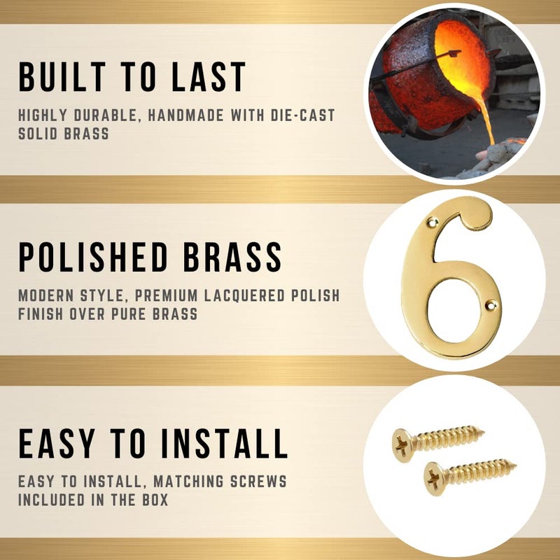 A10SHOP Motif 4-Inch Solid Brass Lacquered Polished Mailbox Numbers House Numbers For Outside, Address Plaques for House Numbers, Outdoor Decor (Number 6) - Image 3